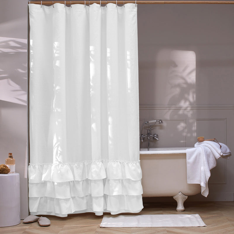 Linen Ruffles Shower Curtain white