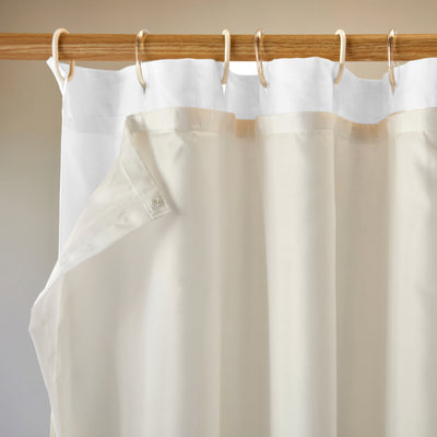 closeup custom lined linen shower curtain lining white