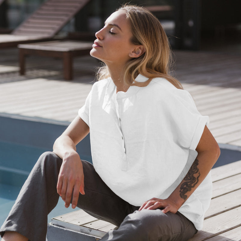 Linen blouse with short sleeves "Flor" white