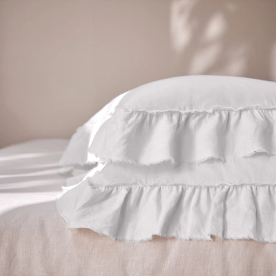 White Linen Pillowcases with Frayed Ruffles