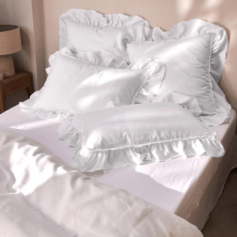 Frayed Ruffled white Linen Pillow Cases