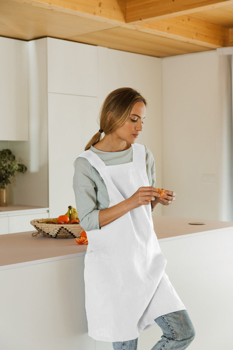 Japanese Style Washed Linen Pinafore Apron optical white