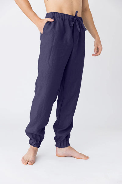 Washed linen trousers, elasticated “Gael” night blue