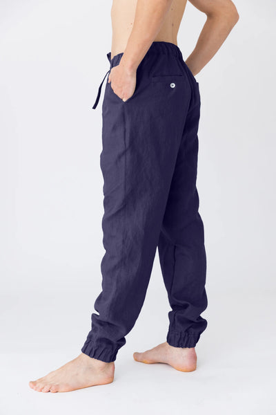 Washed linen trousers, elasticated “Gael” night blue