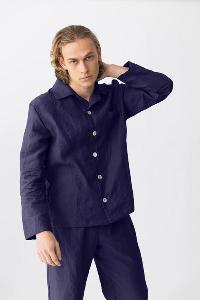 Mens Linen Pajamas Set  night blue