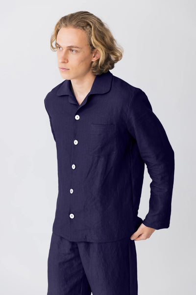 Classic Linen Pajamas Set For Mens  night blue