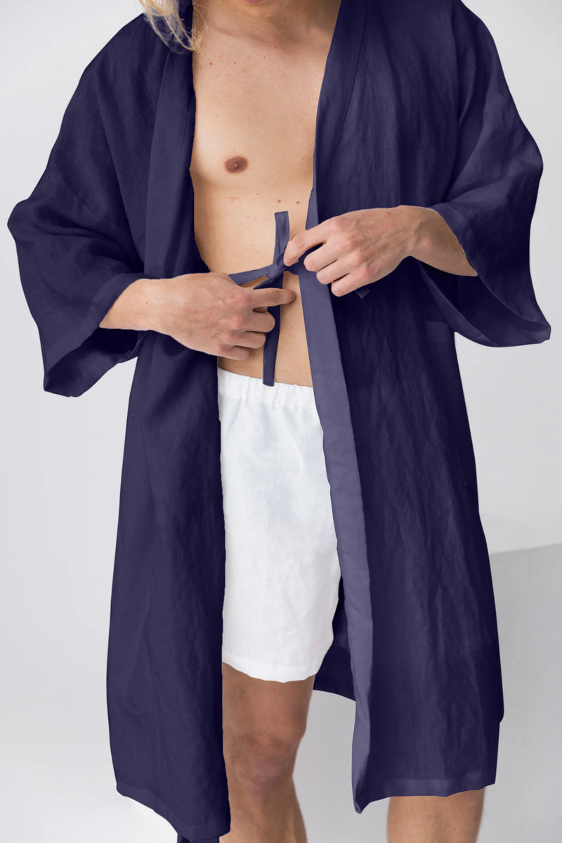 Night blue  linen bathrobe, “Nelson”