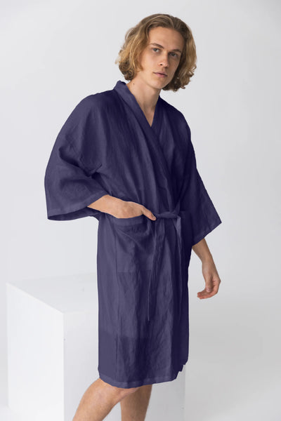 linen Kimono bathrobe, “Nelson” night blue