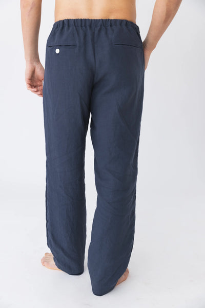 Linen Men's Casual Trousers back pockets  night blue