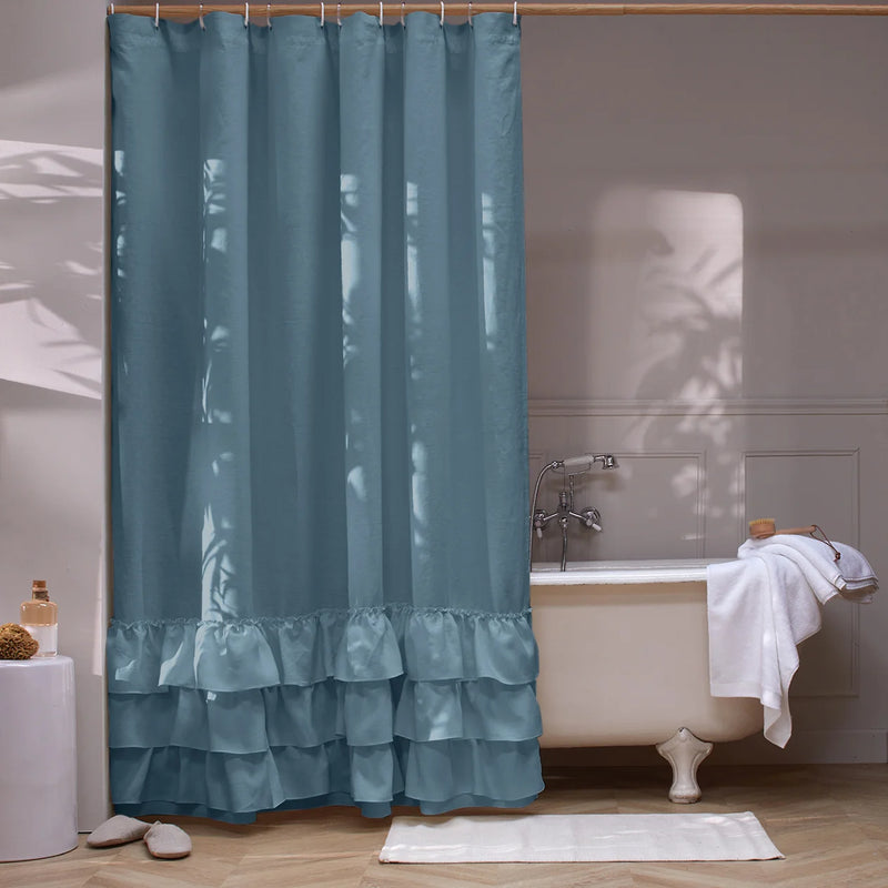 Linen Ruffles Shower Curtain blue