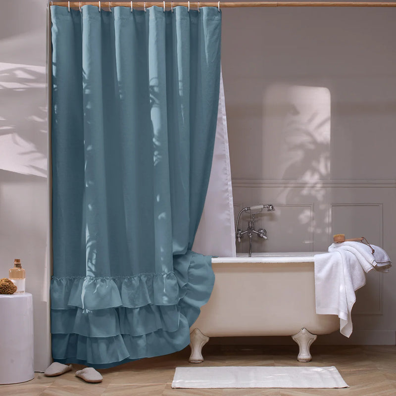 Washed Linen Ruffled Shower Curtain blue