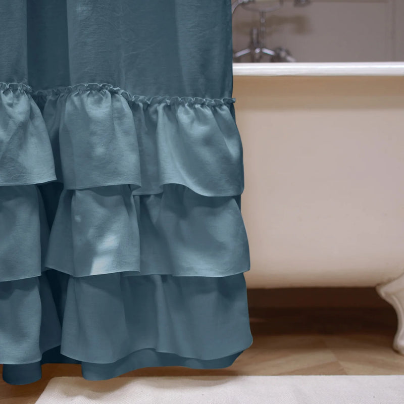 close up ruffles on shower curtain blue