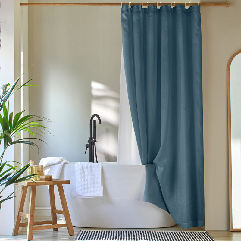plain linen shower curtain blue