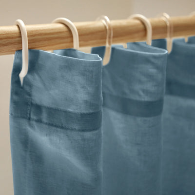 Closeup Blue Linen Shower Curtain top