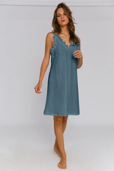 "Carla" linen ruffled nighty french blue