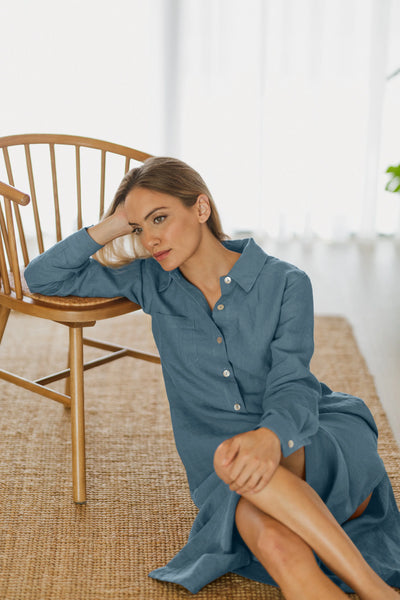 Linen Long Shirt Buttoned-down french blue