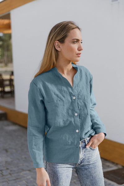 Casual linen blouse with long sleeves "Alana" french blue