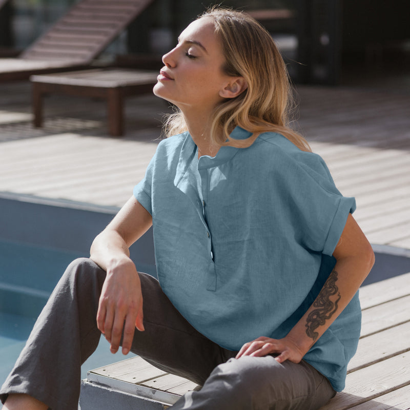 Linen blouse with short sleeves "Flor" french blue