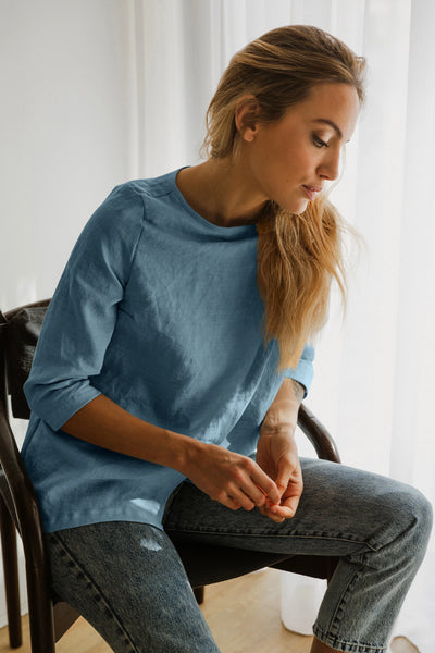 Linen Wrap Blouse Wide Boatneck Top french blue