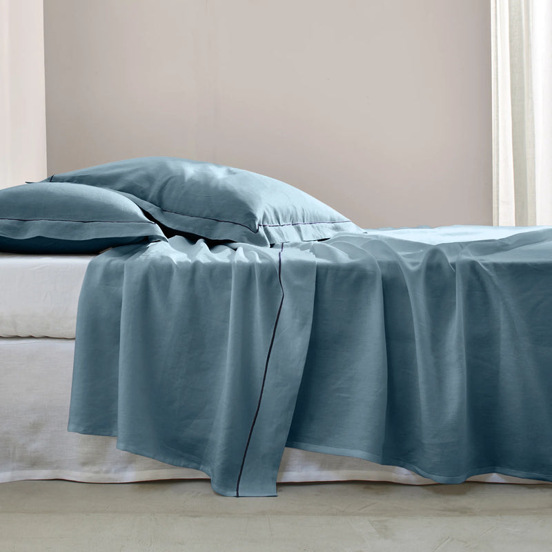 Bourdon border linen flat sheet french blue