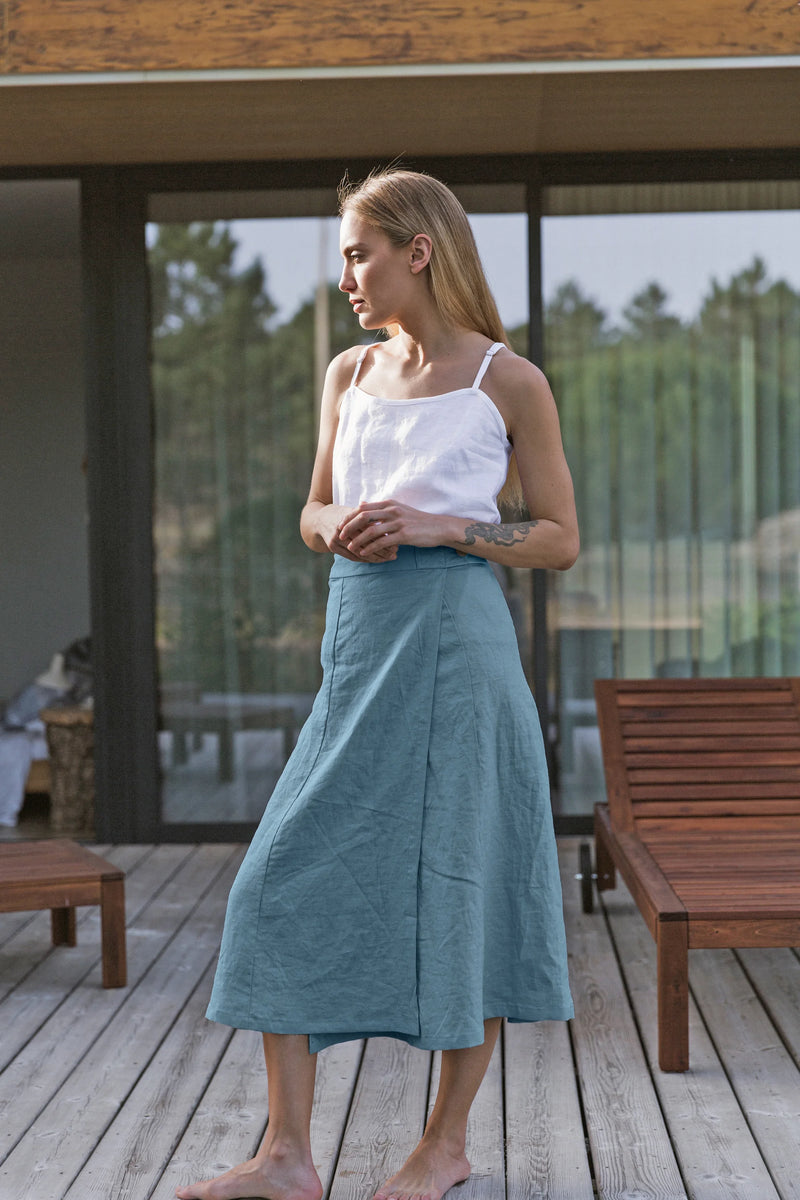 Casual long flared skirt in french blue linen