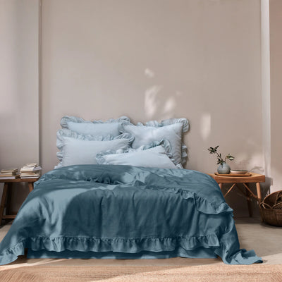 Ruffled Linen Duvet Cover blue