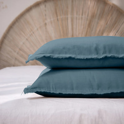 Frayed edge Linen Pillowcases ( set of 2) blue