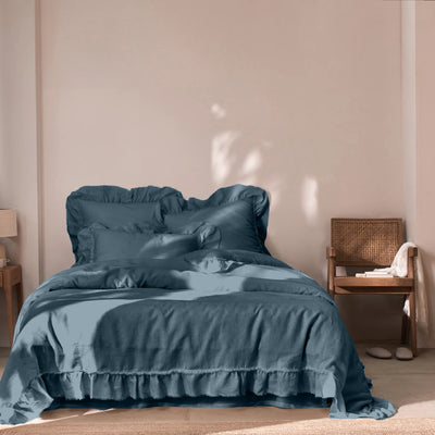 Frayed Ruffles Linen Duvet Cover blue