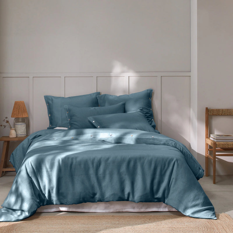 Shell Buttoned Washed Linen Duvet Cover Blue