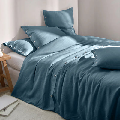 Shell Top Buttoned Linen Duvet Cover Blue