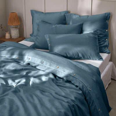 Shell Buttoned Soft Linen Duvet Cover Blue