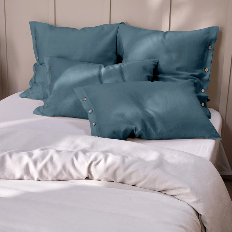 Blue Linen Pillowcases with Buttons