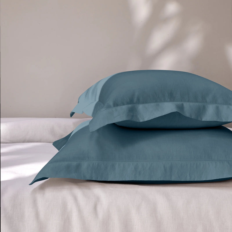 Hemstitch border blue linen pillowcase