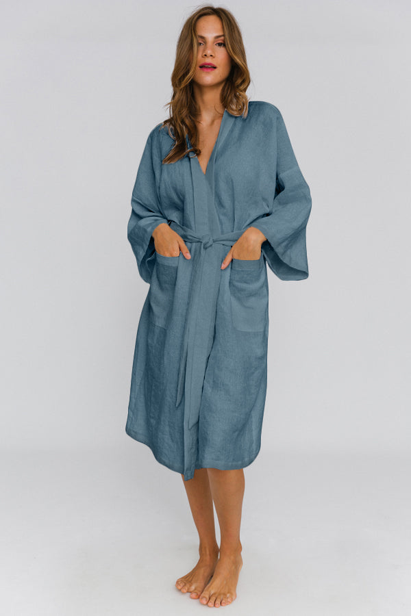 Washed Linen bathrobe Kimono Style “Laís” french blue