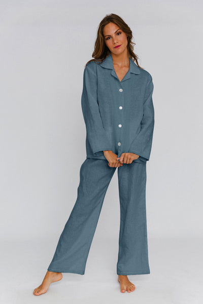 Soft Washed Linen Pyjamas Set french blue