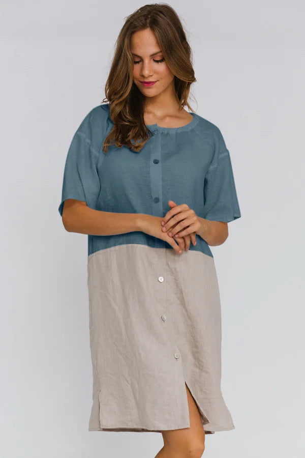 Buttoned Washed Linen Night Dress "Gabi" french blue