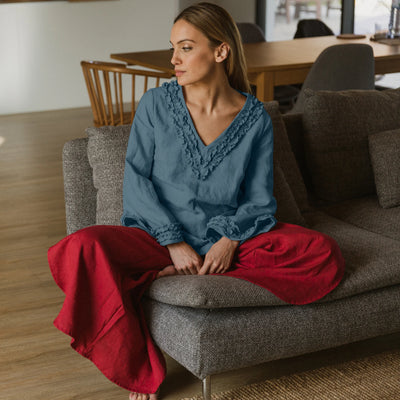 Short Ruffled Night Dress Soft Washed Linen french blue