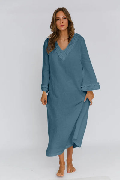 Long Ruffled Linen night dress “Bia” french blue