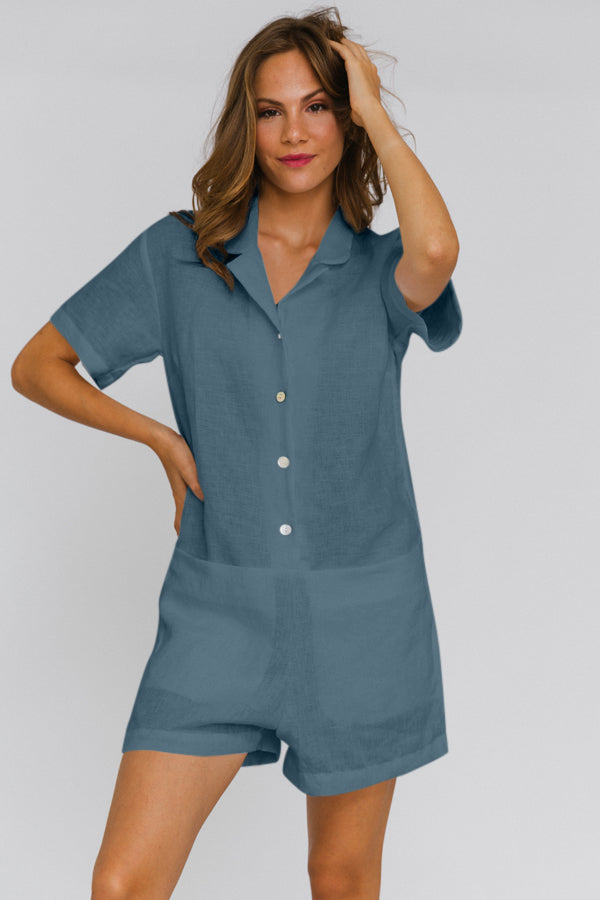 Washed Linen Romper "Nara" french blue