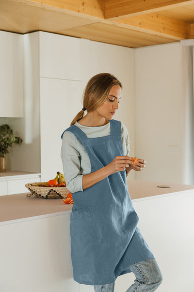 Japanese Style Washed Linen Pinafore Apron french blue