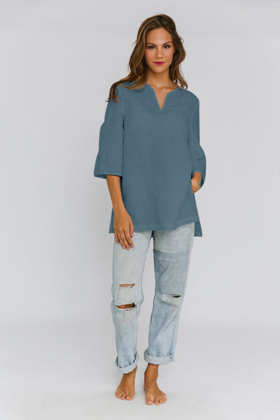 Linen tunic with slit sides french blue