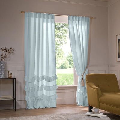 Custom ruffles linen curtain light blue