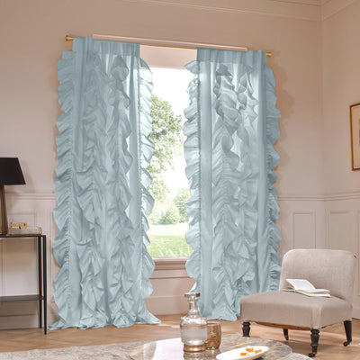 Custom ruffled Linen curtain light blue