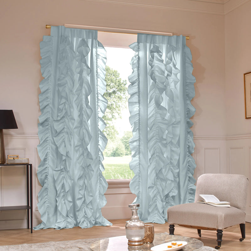 Custom ruffled Linen curtain light blue