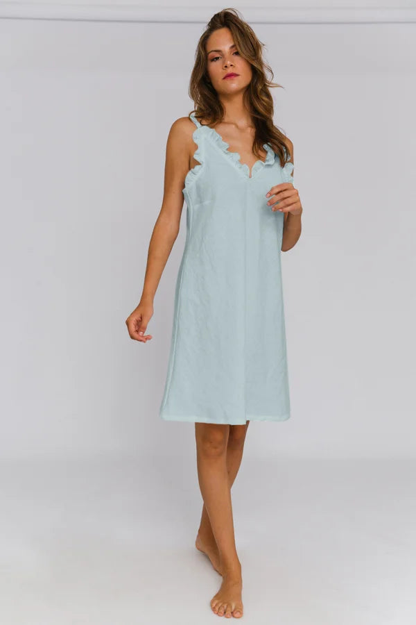 "Carla" linen ruffled nighty icy blue