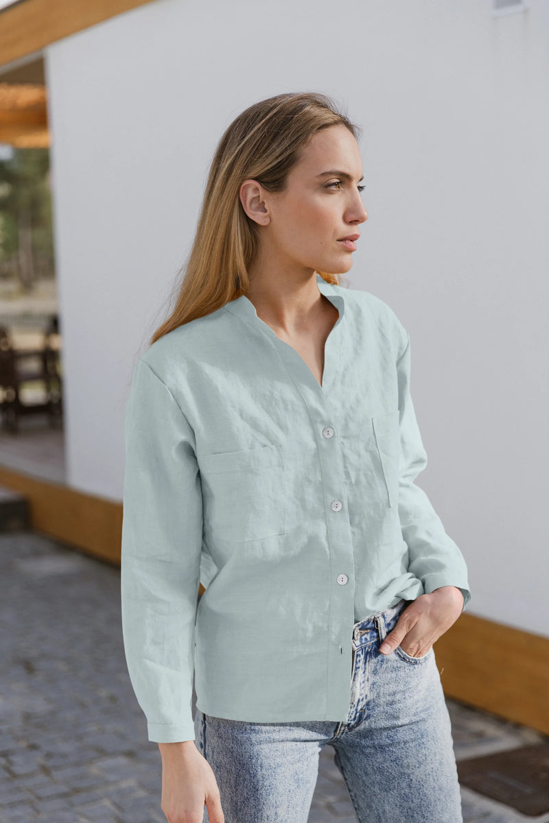 Casual linen blouse with long sleeves "Alana" icy blue