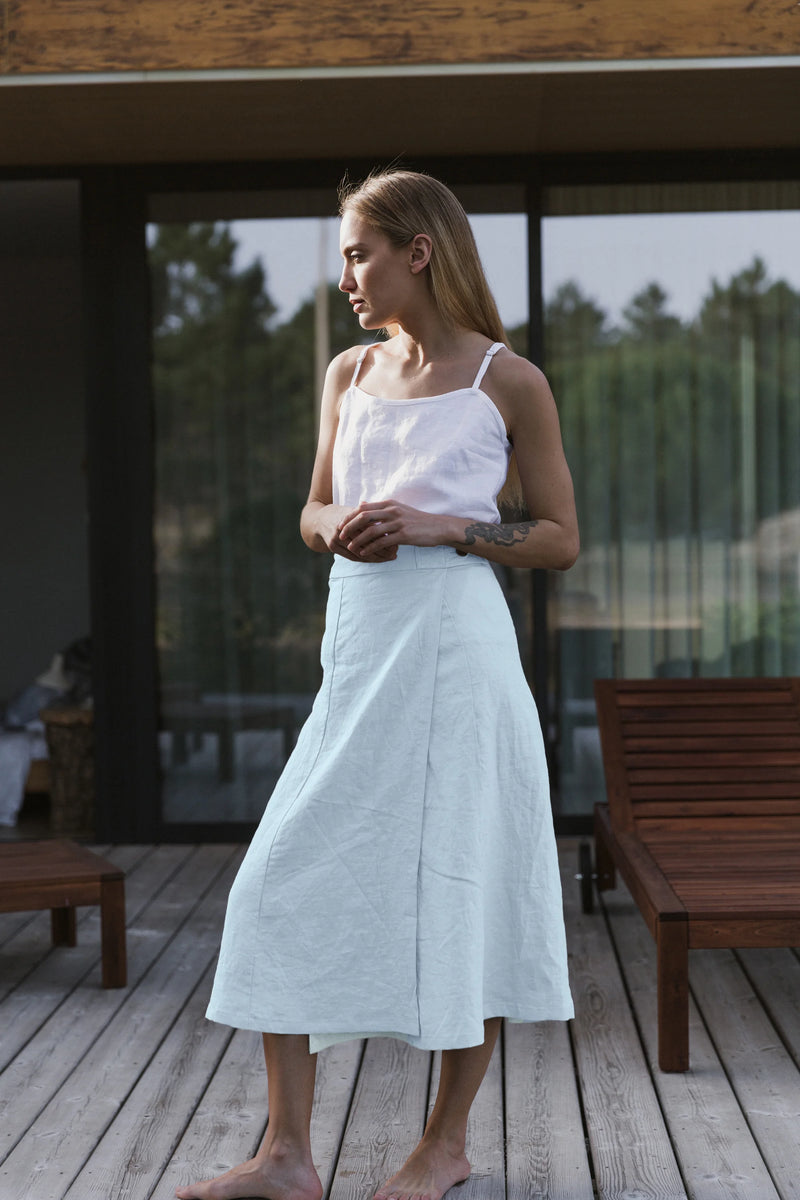 Casual long flared skirt in icy blue linen