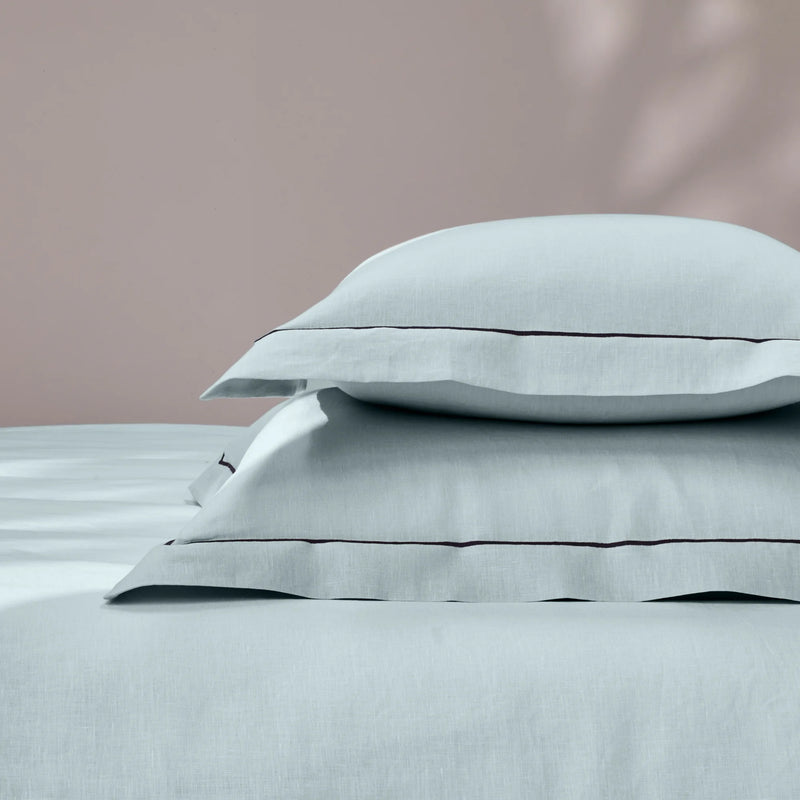 bourdon border icy blue linen pillowcase