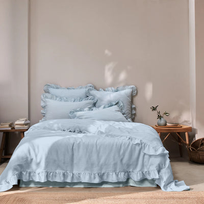 Ruffled Linen Duvet Cover light blue