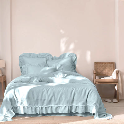 Frayed Ruffles Linen Duvet Cover icy blue